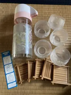 花柄ガラスポットセット 透明カップ5個付き 竹スタンド5個