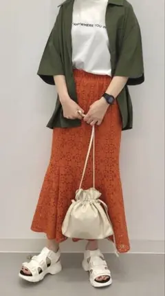 オレンジ 　レース マーメイドスカート ロング