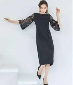 レース 七分袖 ダマスク柄 ワンピースドレス ドレスプラス 黒 フォーマル