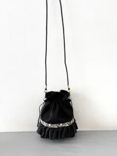 #11-J6 ミニサイズ　フリル巾着バッグ インド刺繍　ハンドメイド