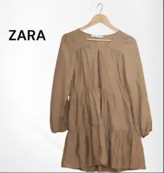 ZARA ザラ ティアード ミニワンピースチュニック グレージュ XS（S-M）
