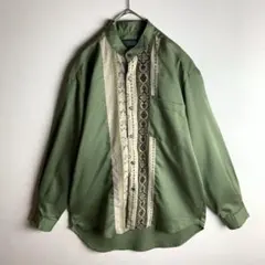 シャツ　ダークグリーン　バンドカラー　パターン柄　レトロ　おしゃれ　メンズ　古着