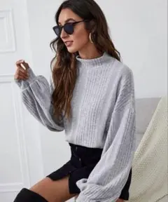 SHEIN Unity ファンネルネック ランタンスリーブ リブニット トップス