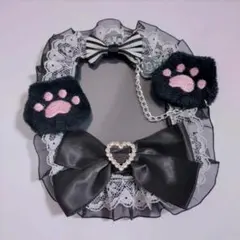 【即購入可】硬質 トレカケース フリルデコ 肉球 リボン ブラック 黒猫