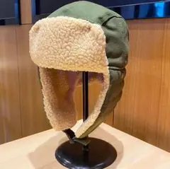 防寒 グリーン パイロット フライト キャップ 帽子 緑 耳あて付き