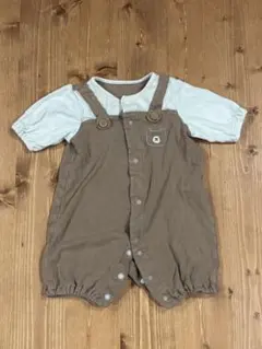 ブラウン　くま刺繍　ツーウェイ　ドレスオール　50cm-60cm