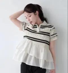 新品未使用】Fit more フィットモア ボーダーフリルトップス ネイビー