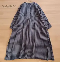 スタディオクリップ　リネン ロング ワンピース　バンドカラー　ストライプ グレー