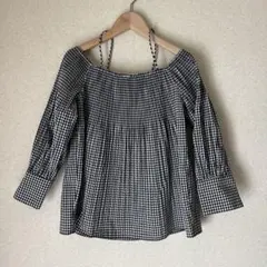 ZARA BASIC ザラ　ギンガムチェック シャーリング ブラウス ブラックのサムネイル