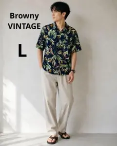 【Browny VINTAGE】ネイビー 総柄 アロハシャツ Lサイズのサムネイル