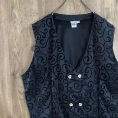 ヴィンテージ　デザインベスト　唐草模様　個性的　ダブルボタン　薄手　黒　VT3