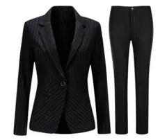 レディーススーツ ブラックストライプ ジャケット+パンツ2点セット 2XL