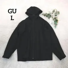 ジーユー メンズ フード付ナイロンジャケット(L)黒 ジップアップ 自転車バイク