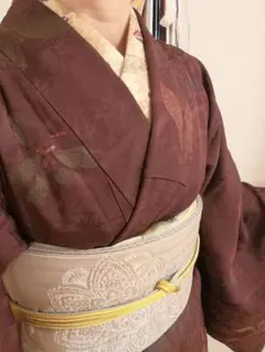 小紋着物　小豆色、深い赤紫色　洋服やブーツにも　身丈152cm