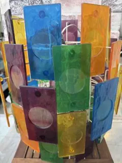 昭和レトロペンダントライト カラフルガラス 天井照明 店舗什器 高さ約45cm