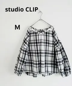 studio CLIP チェック柄 バルーンスリーブブラウス　Vネック