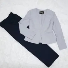 ノーカラースーツ 2点セット M グレー 紺 通勤 面接 春 美品