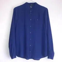 ノーカラーブラウス シアーシャツ 濃紺 FOREVER 21 金ボタン Sサイズ