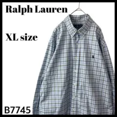 ラルフローレン スリムフィット チェック柄 長袖ボタンダウンシャツ 青系 XL