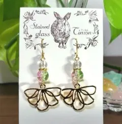 葉桜色 ガラスの花ピアス ゴールドカラー ハンドメイド No.508