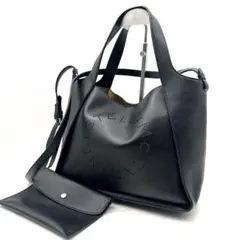 極美品 ステラマッカートニー ロゴ トートバッグ 黒 ポーチ付 ハンドバッグ