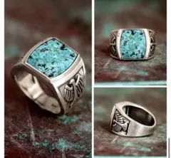 ターコイズ シルバーリング イーグル彫刻 ヴィンテージ メンズ 指輪 RING