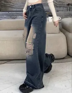 SHEIN DAZY ワイドデニムパンツ ダメージ加工 ヴィンテージ風