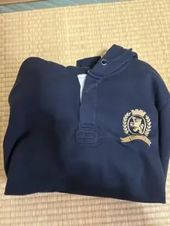 ネイビー フード付きパーカー ストライプ袖