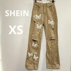 SHEIN 【XS】バタフライプリント ベージュ ダメージ加工 パンツ