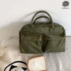 軽量ナイロン トートバッグ 肩掛け 大容量ミドルマルチポケットクロスバッグカーキ