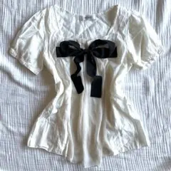 ♩2000s Wishcore BIGリボン ホワイトシフォンカットソー 白×黒