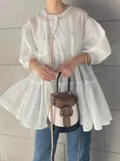 ●3wayバルーンスリーブティアードシアーシャツ●ホワイト●