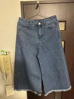 ダークブルー フリンジ裾 ワイドレッグ デニム