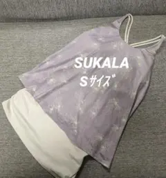㉑【美品】SUKALAスカーラ 花柄フレア タンクトップ M モカピンク 