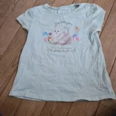 値下げ中☆美品☆エニィファム　猫とお花の半袖Tシャツ☆150☆淡いブルーのサムネイル