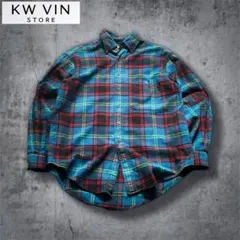 90s ランズエンド￤チェック柄 総柄 長袖 ネルシャツ￤古着 アメカジ ブルー