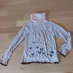 レディース　ピンク 蝶プリント タートルネックの長袖トップス