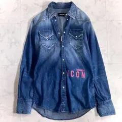 美品 DSQUARED2 デニムシャツ ブルー ロゴプリント 36
