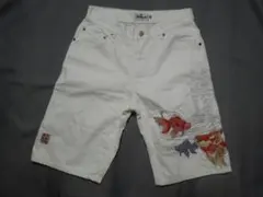 絡繰魂 和柄 金魚 刺繍 メンズW32 ショートパンツ 白のサムネイル