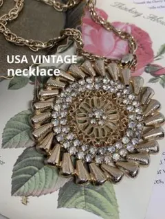 アメリカ ヴィンテージ フラワーモチーフ ラインストーン ロング ネックレス