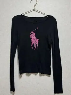 古着 Y2K ピンクプリント 馬 ロンT 長袖Tシャツ ブラック レディース