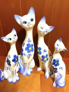 【美品】内藤ルネ風　猫の陶器　4体セット（ペア×2）　花柄