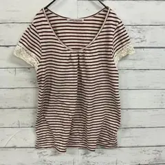 ボブソンインターナショナル Tシャツ 半袖 Uネック 袖レース ボーダー 綿麻混のサムネイル