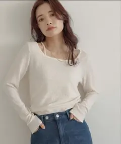 アイボリー リブ編み 長袖Tシャツのサムネイル
