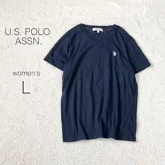 【USポロアッスン】Tシャツ 半袖 クルーネック 刺繍 綿混 シンプル 紺【L】
