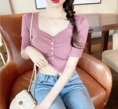 ✨韓国風ニット✨ 胸 ボタン 半袖 ニット パフ スリーブ パープル ヘソ出し