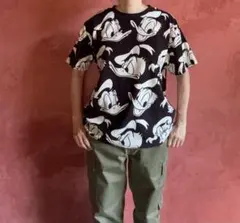 【公式】ディズニー ドナルドダック 総柄 Tシャツ L 黒 モノトーン 半袖のサムネイル