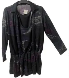 抽象模様 Vネック長袖チュニック ロング丈 ウエストゴム パープル系 ゆったり