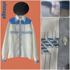 レトロ︎✦︎ヴィンテージEU古着︎✦︎白 青 幾何学柄︎✦︎シャツ︎✦︎ブラウス︎✦︎春︎✦︎70s