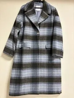 【美品】青系チェック柄ロングコート